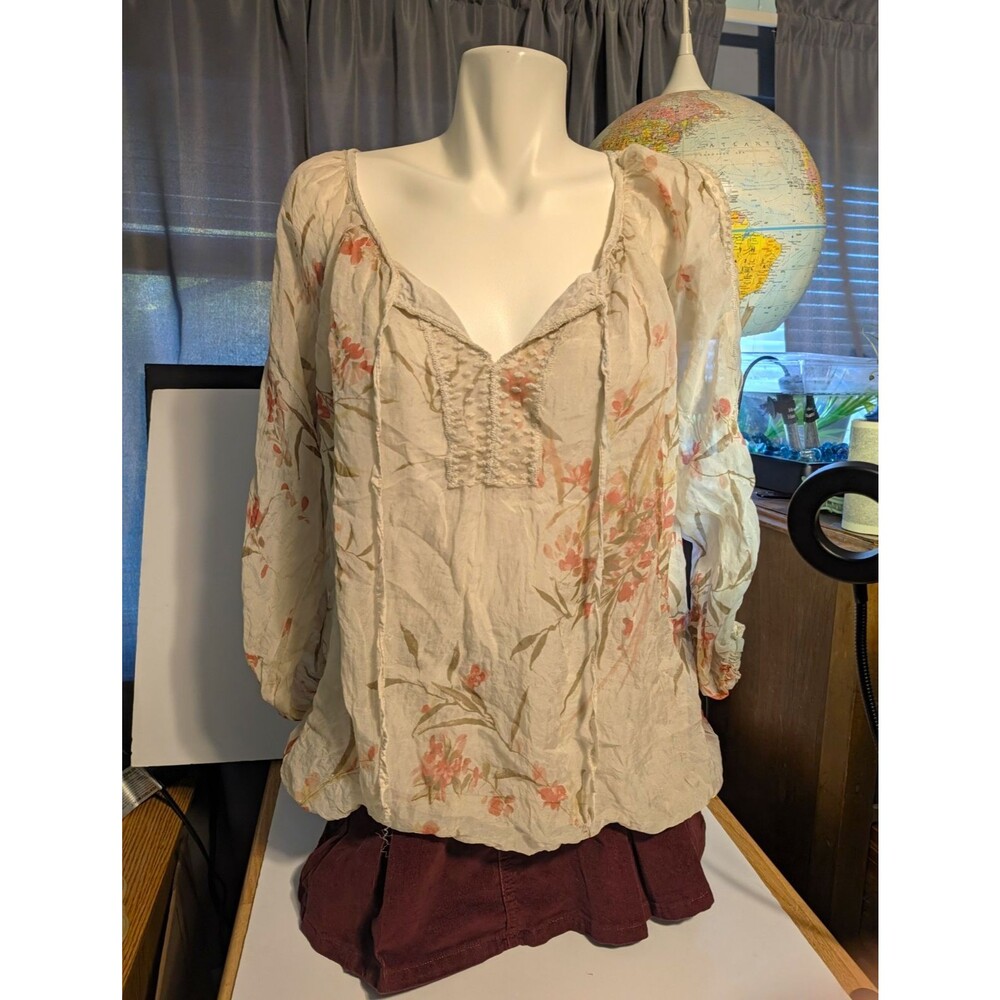 Ombre Women's Floral Peasant Blouse Lace V-Neck 3/4 Sleeve Beige/Pink L